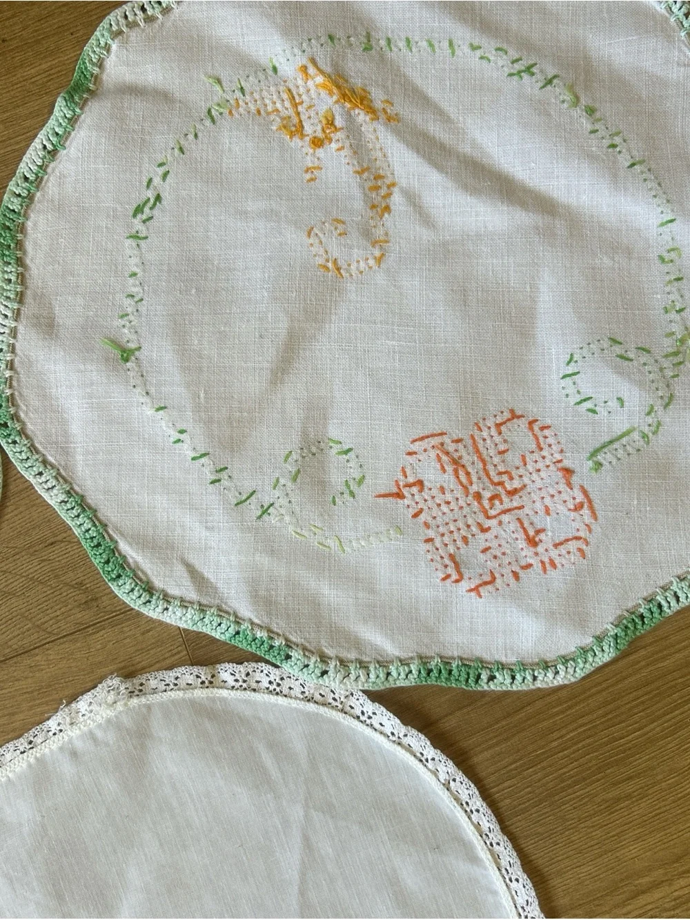 Embroidered Linen Doilies Set in White with Orange & Green Accents